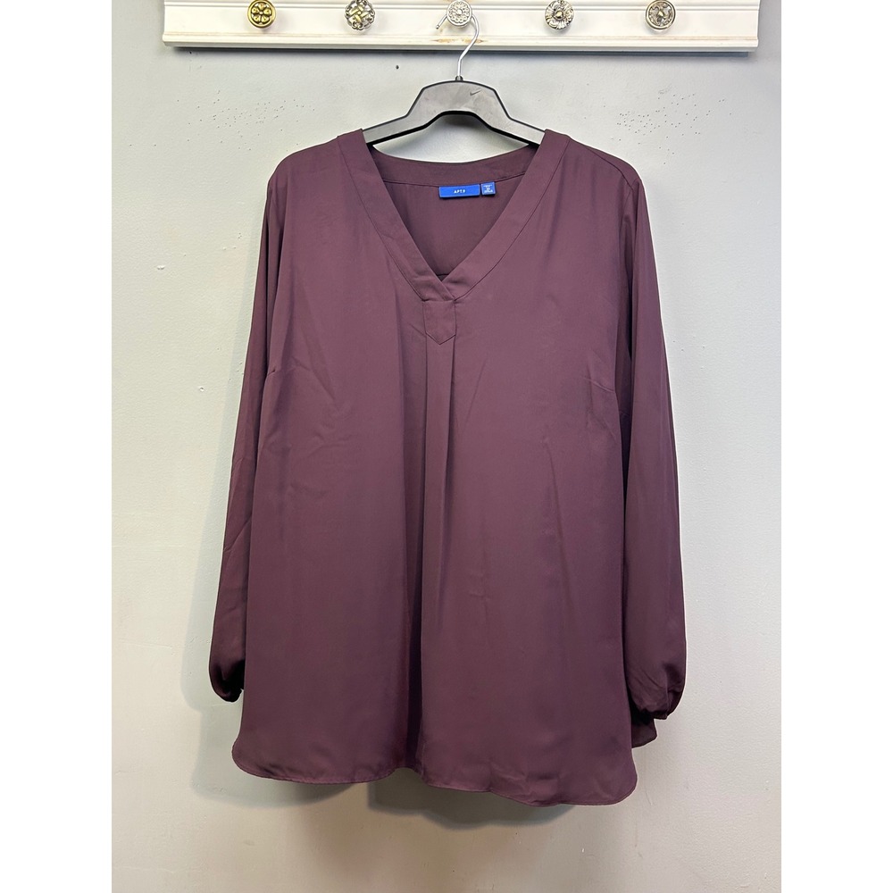 Apt 9 Blouse Women 3X Purple Midnight Grape Mixed Media V-Neck Long Sleeve Top